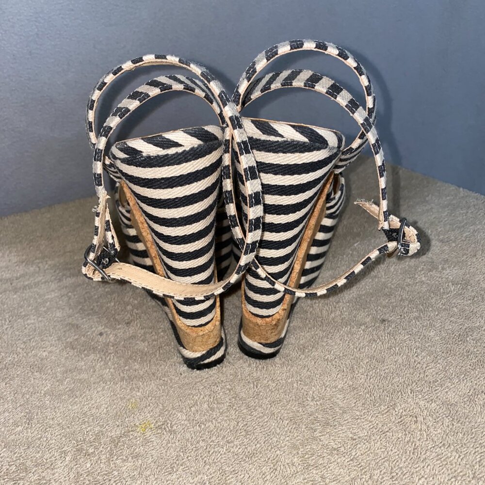 Forever 21 Striped Cork Wedge Heels | Nautical Black White Ankle Strap Sandals 8 - Picture 6 of 10